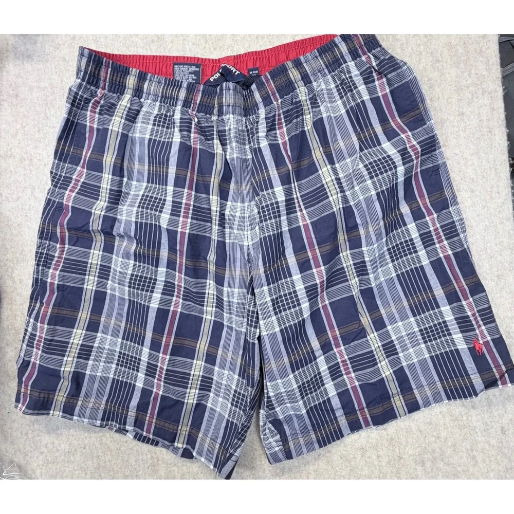Polo Sport Swim Trunks Men XL Navy Blue Plaid Cotton Mesh Lined Board Shorts